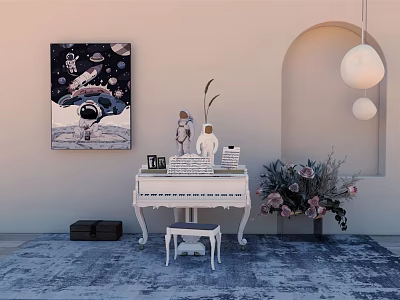 Elegant White Piano And Astronaut Painting With Vase Flowers Arched Wall Hanging Lamp Rug 3d model