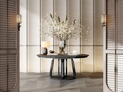 Modern Console Table With Round Tabletop White Blossom Vase And Wall Sconces Against Textured Wall 3d model