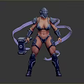 Female Warrior In Blue Armor With Helmet Holding Hammer And Purple Ribbons