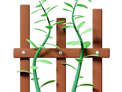 Green Vines Climbing Brown Wooden Fence with Fresh Leaves and Growing Tendrils 3d model