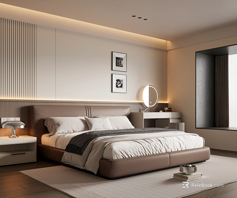 Modern Bedroom Interior With Brown Bed Nightstand Round Mirror Wall Art And Large Window 3d model 