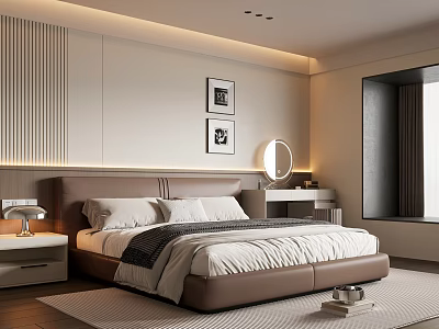 Modern Bedroom Interior With Brown Bed Nightstand Round Mirror Wall Art And Large Window 3d model