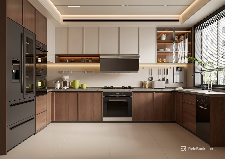 Modern Kitchen Interior With Wooden Cabinets Appliances Window Lighting And Potted Plant 3d model 