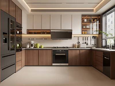 Modern Kitchen Interior With Wooden Cabinets Appliances Window Lighting And Potted Plant 3d model