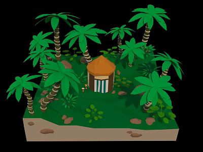 Cartoon Tropical Scene With Palm Trees Small Hut Green Grass Stones And Small Plants 3d model
