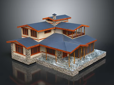 Modern Residential House With Multiple Blue Roofs Wooden Eaves Stone Base And Balcony 3d model