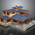 Modern Residential House With Multiple Blue Roofs Wooden Eaves Stone Base And Balcony