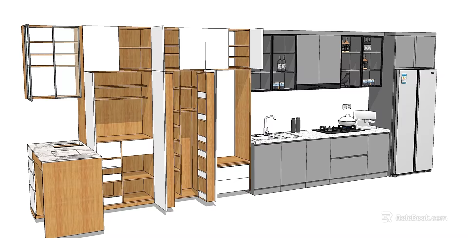Modern Kitchen Sideboard Design With Wooden Gray Cabinets Open Shelves And Closed Doors 3d model 