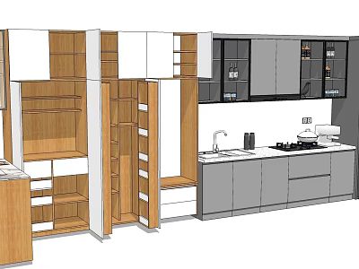 Modern Kitchen Sideboard Design With Wooden Gray Cabinets Open Shelves And Closed Doors 3d model