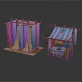 Wooden Scene Components Featuring Colorful Vertical Panels And Striped Canopy Stalls