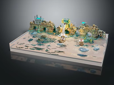 Cartoon Style Fantasy Scene with Castles Buildings Water Areas and Boats 3d model