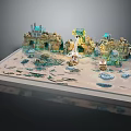 Cartoon Style Fantasy Scene with Castles Buildings Water Areas and Boats