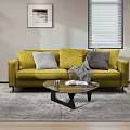 Cozy Study Room Interior With Yellow Sofa Gray Rug Wooden Floor And Bookshelves