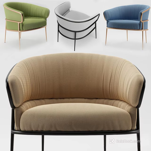 Modern Beige Fabric Single Sofa With Pleated Design And Black Frame 3d model 