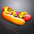 Golden Bun Hot Dog Topped with Yellow Mustard Green Pickles Purple Relish