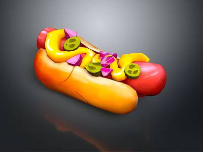 Golden Bun Hot Dog Topped with Yellow Mustard Green Pickles Purple Relish 3d model