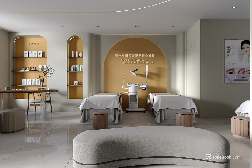 Modern SPA Beauty Center Interior Design With Massage Beds And Skincare Products 3d model 