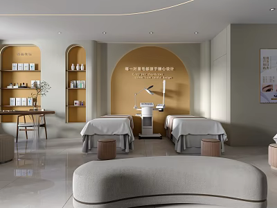 Modern SPA Beauty Center Interior Design With Massage Beds And Skincare Products 3d model
