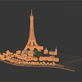 Eiffel Tower Model Display With Miniature Buildings Trees And Platform