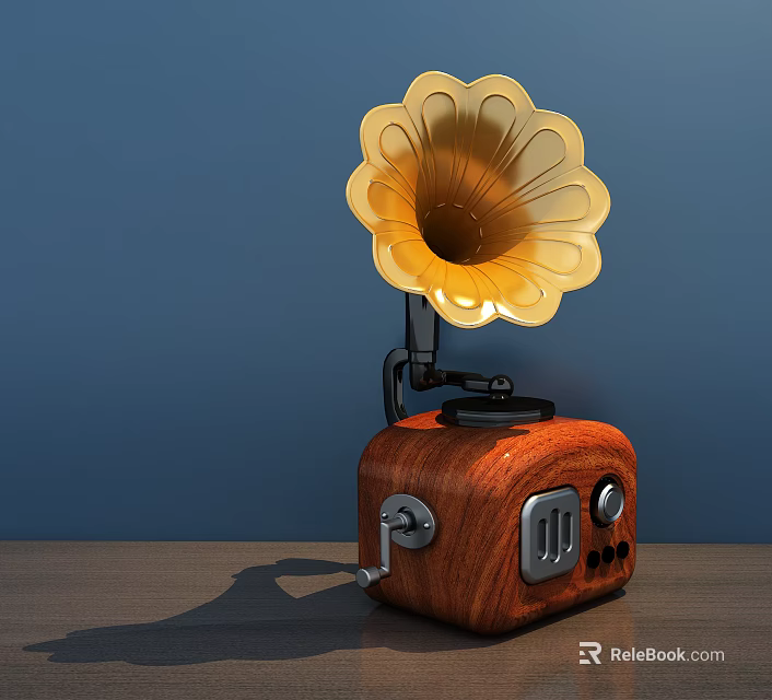 Retro Audio Speaker With Wooden Base And Golden Flower Shaped Horn Design 3d model 