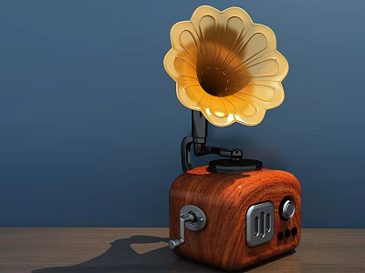Retro Audio Speaker With Wooden Base And Golden Flower Shaped Horn Design 3d model