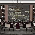Modern Chinese Restaurant Interior With Round Dining Table Landscape Mural And Bookshelves