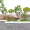 Outdoor Landscape Wall Design With Green Trees Plants And Stones In Courtyard