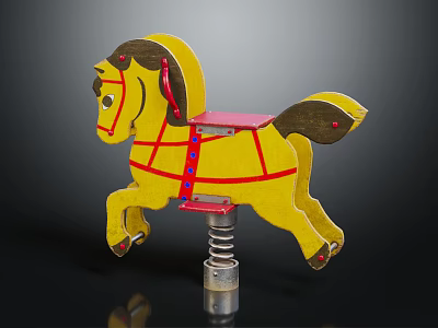 Yellow Rocking Horse With Red Decorations And Spring Base For Children's Play Equipment 3d model
