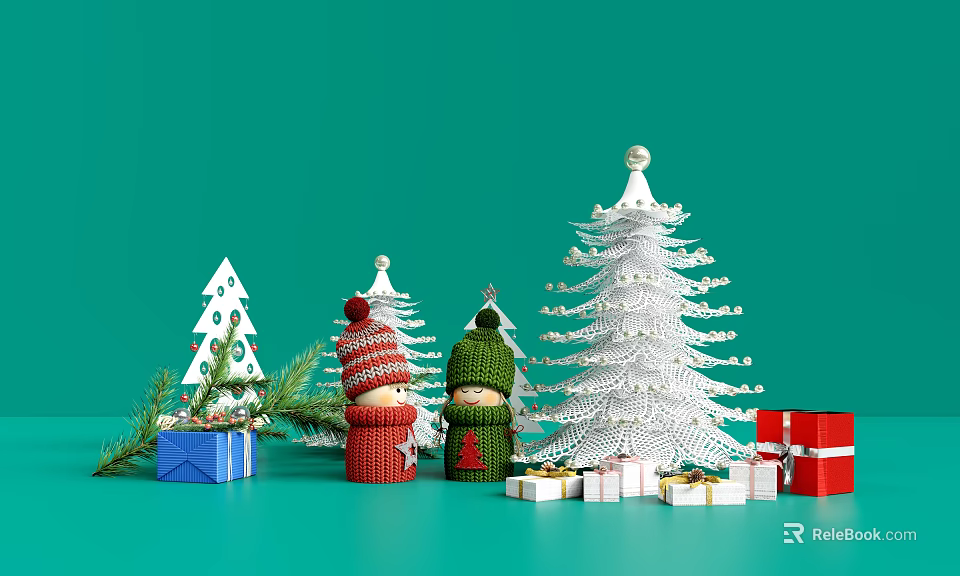 Knitted Decorative Ornament Set with Christmas Trees Snowmen and Gift Boxes on Green Background 3d model 