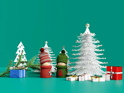 Knitted Decorative Ornament Set with Christmas Trees Snowmen and Gift Boxes on Green Background 3d model