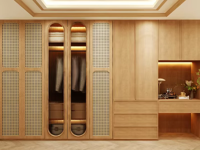 Modern Wooden Wardrobe Interior Design With Lattice Doors Built-in Hanging Area And Warm Lighting 3d model