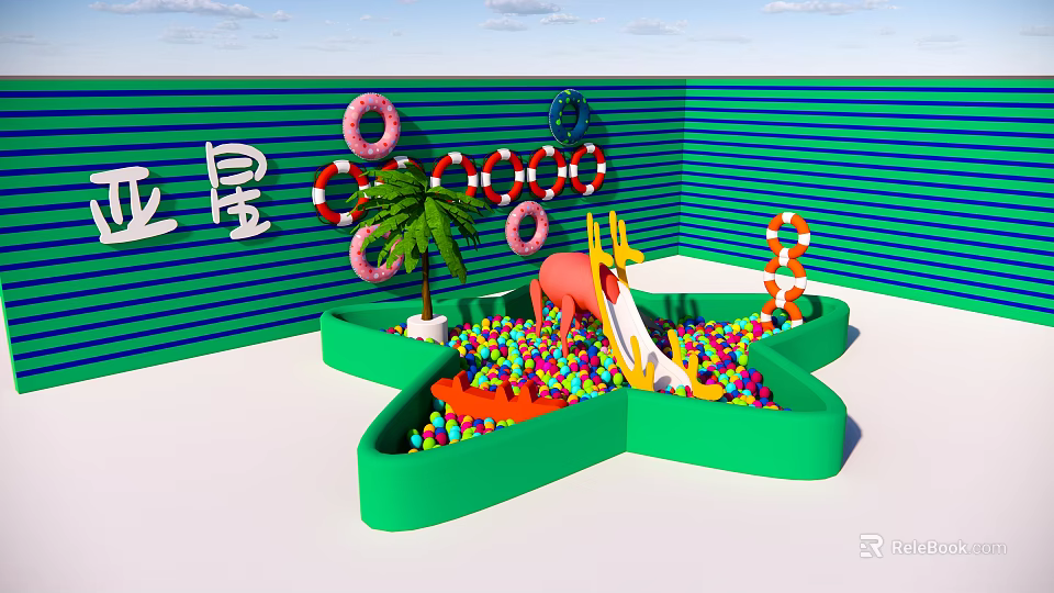 Kids Play Area With Star Shaped Ball Pit Colorful Balls Slide Pink Elephant Palm Tree 3d model 