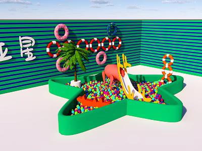 Kids Play Area With Star Shaped Ball Pit Colorful Balls Slide Pink Elephant Palm Tree 3d model
