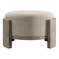 Round Beige Upholstered Ottoman With Light Wooden Legs Modern Simple Design