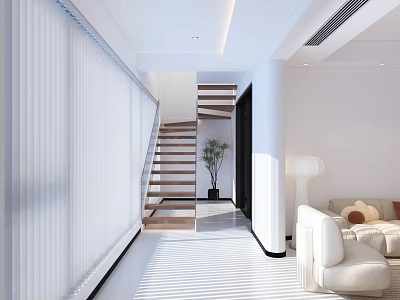Modern Interior Design With Wooden Staircase White Sofa And Blinds 3d model