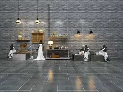 Models Sitting And Standing By Gray Brick Wall With Hanging Lamps Wooden Shelves White Countertop 3d model