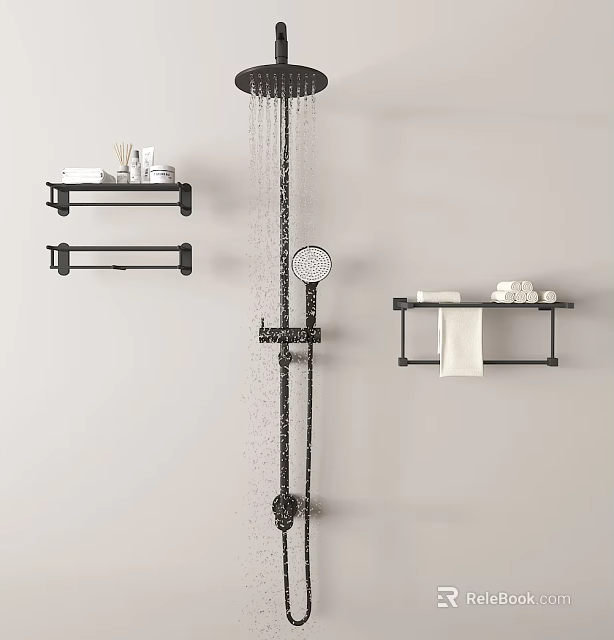 Modern Black Rainfall and Handheld Shower Fixture with Wall Mounted Shelves Towel Rack and Toiletries 3d model 