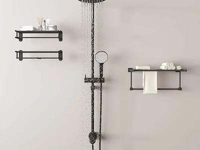 Modern Black Rainfall and Handheld Shower Fixture with Wall Mounted Shelves Towel Rack and Toiletries 3d model