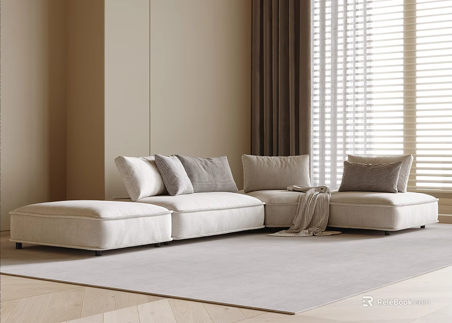 Beige Sectional Sofa With Pillows Throw Blanket On Wooden Floor And Curtains 3d model 