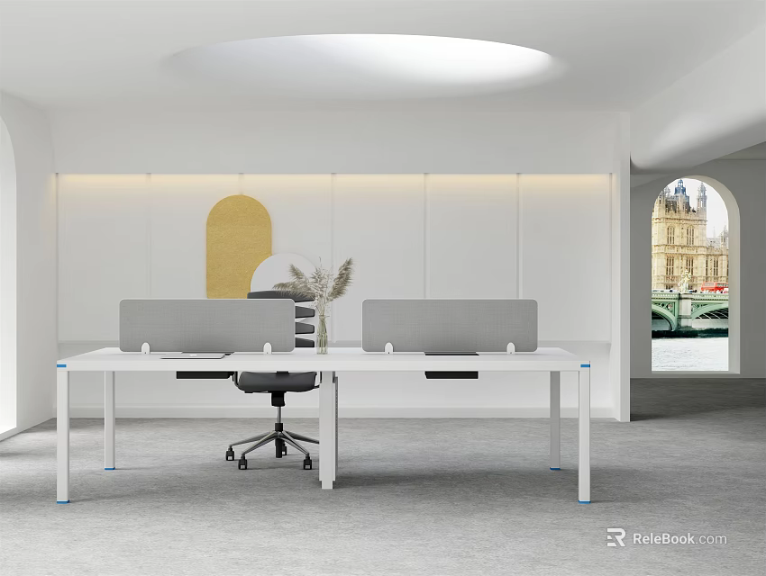 Modern White Office Desk with Two Chairs Arched Window Background and Wall Decor 3d model