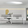 Modern White Office Desk with Two Chairs Arched Window Background and Wall Decor 3d model
