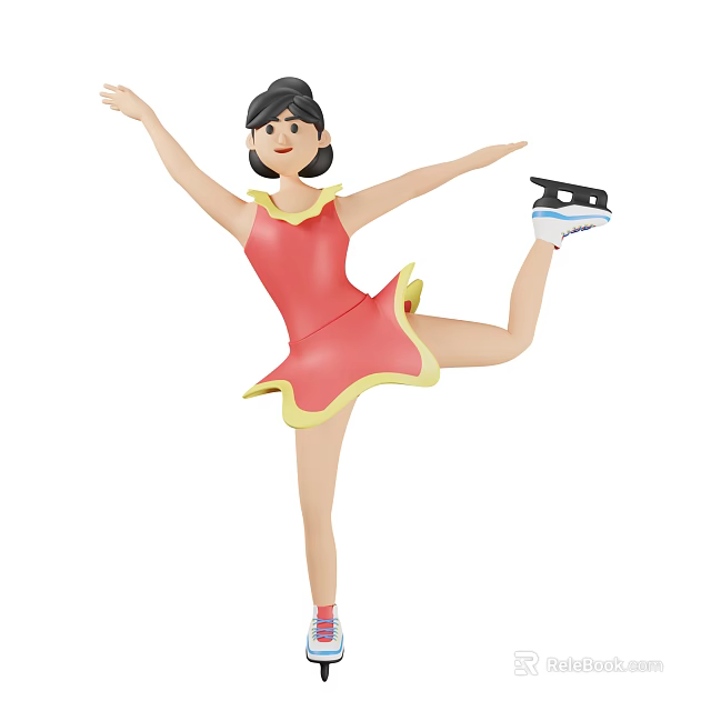 Female Figure Skater In Red Dress Ice Skating Pose With Lifted Leg And Outstretched Arms 3d model 