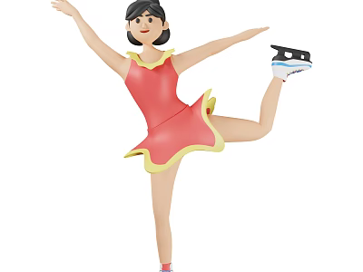Female Figure Skater In Red Dress Ice Skating Pose With Lifted Leg And Outstretched Arms 3d model