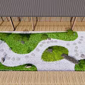 Traditional Japanese Karesansui Garden with Wooden Deck White Gravel and Green Vegetation