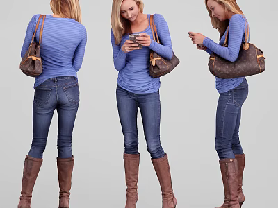 Stylish Woman Wearing Blue Top Jeans Brown Boots and Brown Bag Using Phone 3d model