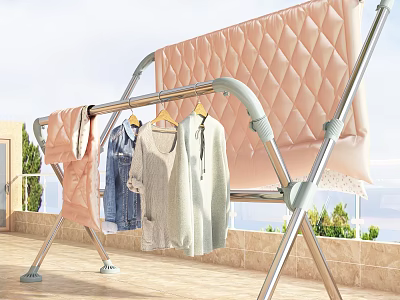 Foldable Metal Clothes Drying Rack With Hanging Clothes And Pink Blanket On Balcony 3d model