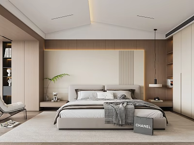 Modern Bedroom Interior Design With Comfortable Bed Nightstands Green Plant And Soft Rug 3d model