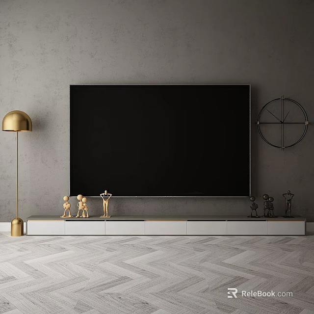 Modern TV Background Wall With Gray Surface Black TV White Stand Golden Ornaments And Circular Decor 3d model 