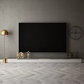 Modern TV Background Wall With Gray Surface Black TV White Stand Golden Ornaments And Circular Decor