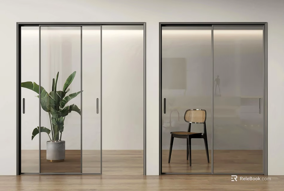 Modern Sliding Doors With Transparent And Frosted Glass Design Green Plant Chair Wooden Floor 3d model 
